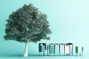 The tree is surrounded by many recyclable bins on a white background. 3D rendering. photo