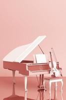 Grand piano with a violin on pink pastel color background. 3d rendering photo