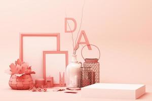 abstract geometric shape pastel pink color scene minimal with decoration and prop, design for cosmetic or product display podium 3d render photo