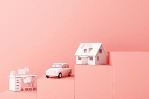 Thinking about home, car and work with another empty space on the yellow pedestal, the concept of life 3D rendering photo