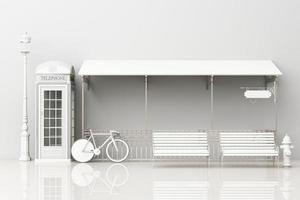 concept of london street side view with telephone booth,bench,bicycle and cafe. 3d rendering photo