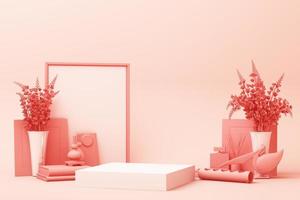 escena de color rosa pastel de forma geométrica abstracta mínima con decoración y accesorios, diseño para exhibición de cosméticos o productos podio 3d render foto