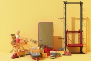 Shipping containers hanging from a crane with trailer and scooter bike and van. 3d global business commerce concept. 3D Rendering photo