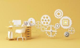 Yellow work desk with laptop computer In the future that works with artificial intelligence and modern technology. the goals of company work hard. on the background AI chip and circuit. 3d rendering photo