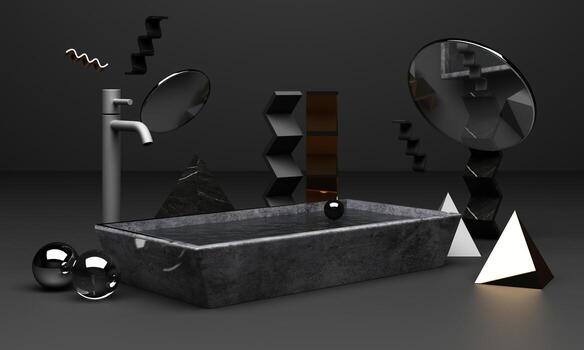 Black podium 3d rendering used for additional product, Minimal style with geometric shape in black colour tone photo