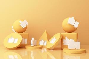 Thumb up symbol, finger up icon, like icon on yellow geometric shapes. 3d rendering photo