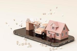 A house and vintage car and working table on the phone in yellow and green color. 3D rendering photo