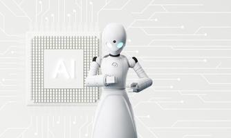 Robot cybernetic organism works with a virtual HUD interface in reality and Ai chip with cogwheel. Humanoid robot with a plastic face presses on the digital screen. Future concept. 3d rendering photo
