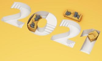 The 2021 ladder-down font in trendy yellow and gray stripes is surrounded by yellow sofa 3d rendering photo