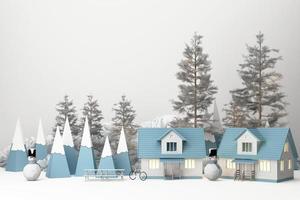 hermoso fondo de paisaje nevado de invierno navideño con montañas y abetos de polietileno bajo y casa con muñeco de nieve. representación 3d foto