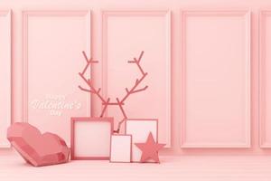 Valentine's day concept background with red and pink hearts star rose with white square frame and love decoration 3d rendering photo