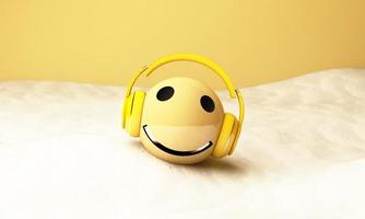 High quality emoticon isolated on yellow background.Emoticon with headphones.Yellow face with headphones. 3d rendering photo