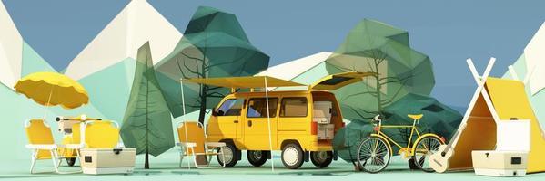 low poly cartoon style. Mobile homes van and tents camping in the national park, bicycles, ice buckets, guitars and chairs, and trees with clouds and mountains on background. 3d render wide screen photo