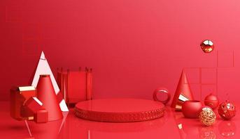Chinese new year, Golden podium display mockup on red abstract background with geometric shape product minimal presentation, 3d rendering. photo