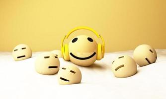 High quality emoticon isolated on yellow background.Emoticon with headphones.Yellow face with headphones. 3d rendering photo