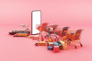 Fast delivery by scooter and van and plane on mobile E-commerce concept Online order with shopping cart and many box on pink background 3d rendering photo