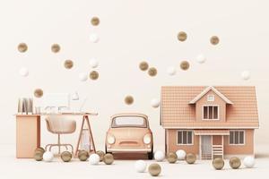 Thinking about home, car and work surrounding by many gold and white ball. 3d rendering photo