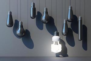 Yellow light fluorescent bulb LED on yellow wall background surrounded by incandescent lamp - 3D Rendering photo