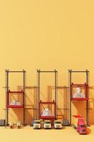 Shipping containers hanging from a crane with trailer and scooter bike and van. 3d global business commerce concept. 3D Rendering photo