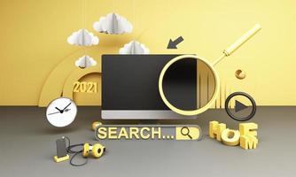 Information search bar Surrounded by electronics, watches, computers and phones with magnifying glass. On a geometric background In yellow and gray tones 3d render photo
