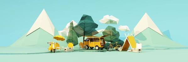 low poly cartoon style. Mobile homes van and tents camping in the national park, bicycles, ice buckets, guitars and chairs, and trees with clouds and mountains on background. 3d render wide screen photo