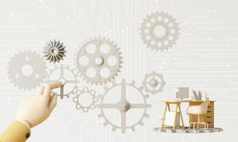 Yellow work desk with laptop computer In the future that works with artificial intelligence and modern technology. the goals of company work hard. on the background AI chip and circuit. 3d rendering photo