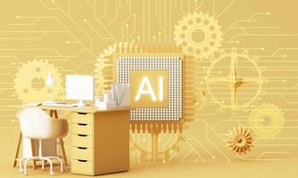 Yellow work desk with laptop computer In the future that works with artificial intelligence and modern technology. the goals of company work hard. on the background AI chip and circuit. 3d rendering photo