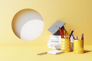 school supplies over the yellow pastel background. Education, studing and back to school concept ,Alarm clock, paint, pencils and scissors. School accessories and graduation hat 3d rendering photo