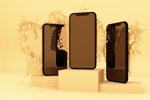 3D rendered image of smartphone splashing by water on white background. photo