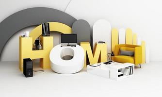 Information search bar Surrounded by electronics, watches, computers and phones with magnifying glass. On a geometric background In yellow and gray tones 3d render photo