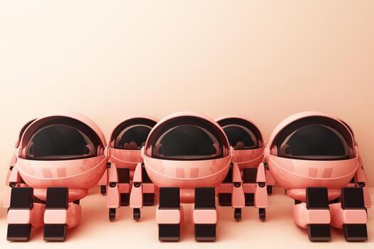 The cute wthie robot is sitting surrounded by geometric objects on green background. 3d rendering photo