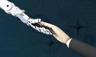 Robot hand making contact with human hand. on a background full of technology circuit boards. 3d rendering photo