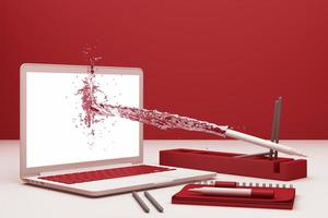 Pen splashing pink idea to laptop on pink modern desk. 3d rendering photo