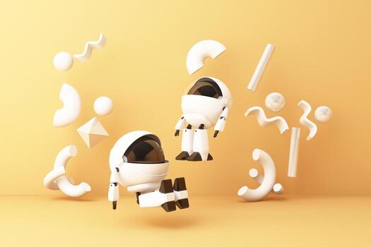 The cute wthie robot is sitting surrounded by geometric objects on green background. 3d rendering photo