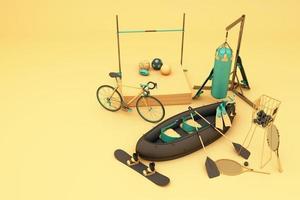 Sport equipments on yellow background. 3d rendering photo