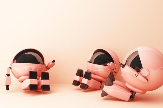 The cute wthie robot is sitting surrounded by geometric objects on green background. 3d rendering photo