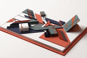 light bulbs concept abstract composition of geometric shapes platforms in blue and orange tone. 3d rendering photo