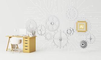 Yellow work desk with laptop computer In the future that works with artificial intelligence and modern technology. the goals of company work hard. on the background AI chip and circuit. 3d rendering photo