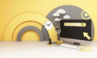 Information search bar Surrounded by electronics, watches, computers and phones with magnifying glass. On a geometric background In yellow and gray tones 3d render photo