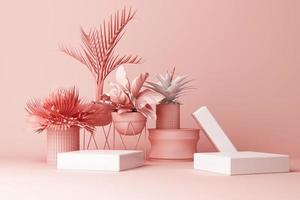 3D render of tropical plants isolated on pink background. photo