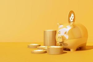 Saving golden bitcoin in piggy bank, Digital currency money trading with cryptocurrency, coin with profit, finance concept in yellow tone. 3d rendering photo