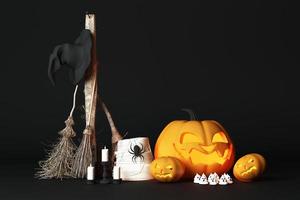 Halloween pumpkin, jack o lantern, with witch's hat and bloom and spider, black floor and dark background. 3D rendering. photo