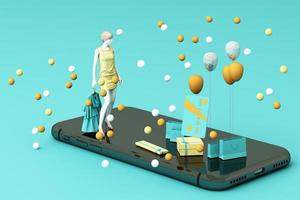 Mannequin on smart phone surrounded by shopping bag and the gift box with credit card on the black backdrop.-3d rendering photo