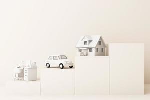Thinking about home, car and work with another empty space on the yellow pedestal, the concept of life 3D rendering photo