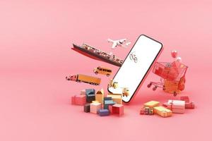 Fast delivery by scooter and van and plane on mobile E-commerce concept Online order with shopping cart and many box on pink background 3d rendering photo