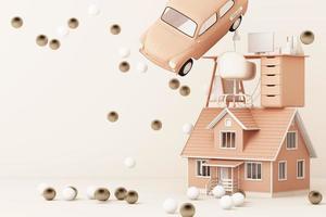 Thinking about home, car and work surrounding by many gold and white ball. 3d rendering photo