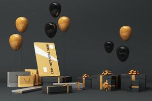 Pink credit card surrounding by a lot of giftboxs and balloons. 3d rendering photo