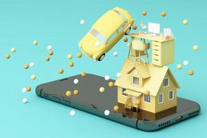 A house and vintage car and working table on the phone in yellow and green color. 3D rendering photo