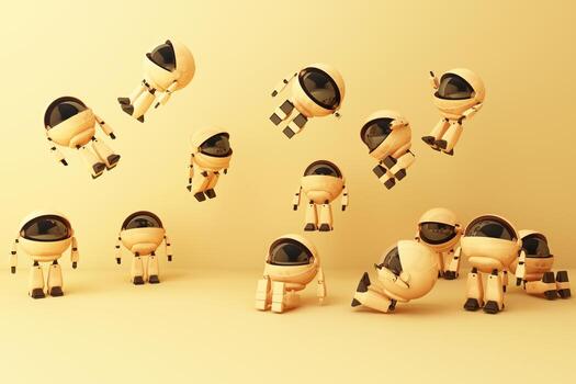 el lindo robot wthie está sentado rodeado de objetos geométricos sobre fondo verde. representación 3d foto