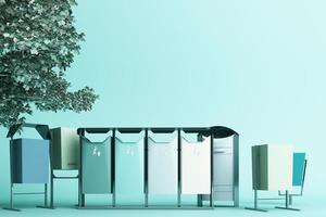 The tree is surrounded by many recyclable bins on a white background. 3D rendering. photo